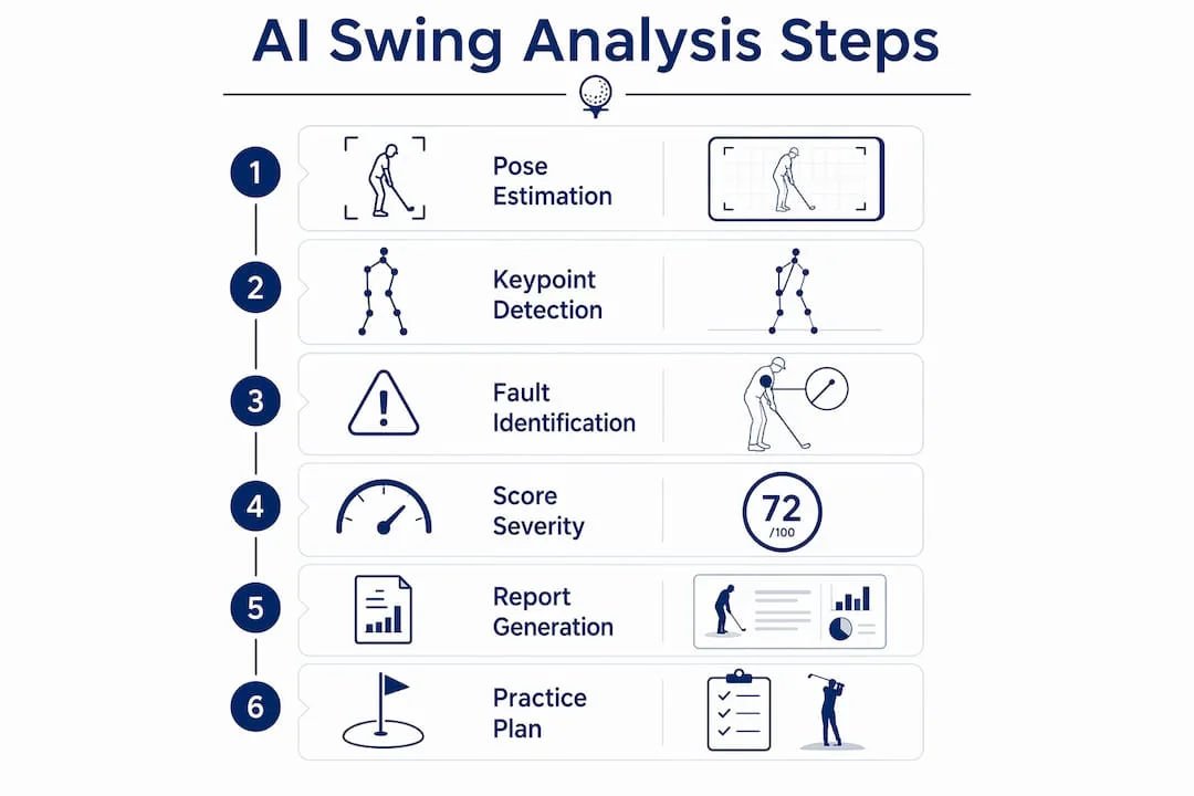 Six-step diagram: pose estimation, keypoint detection, fault identification, score severity, report generation, practice plan