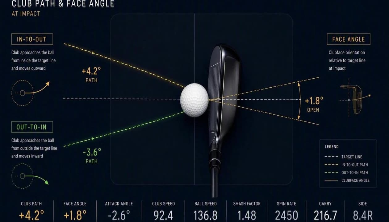 Club path and face angle impact diagram showing in-to-out and out-to-in ball flight dynamics