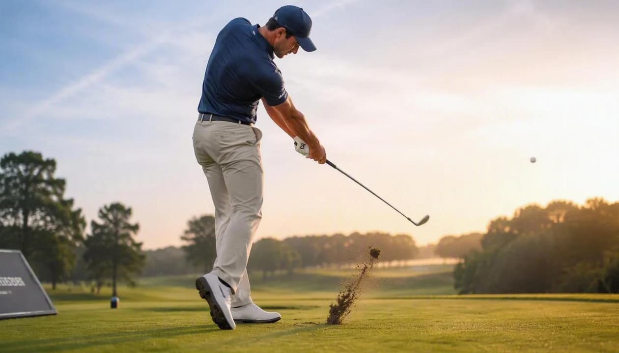 Golfer completing a full follow-through with extended arms on an outdoor driving range