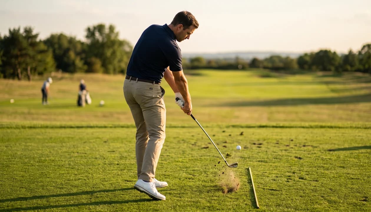Golfer maintaining spine angle and pelvis depth through impact on an outdoor practice range