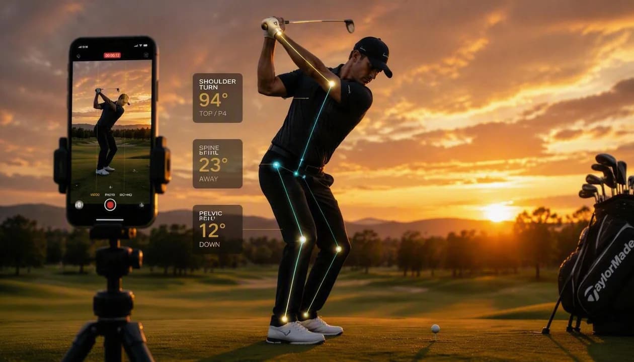 Golfer practicing independently on the driving range using a phone tripod for immediate feedback