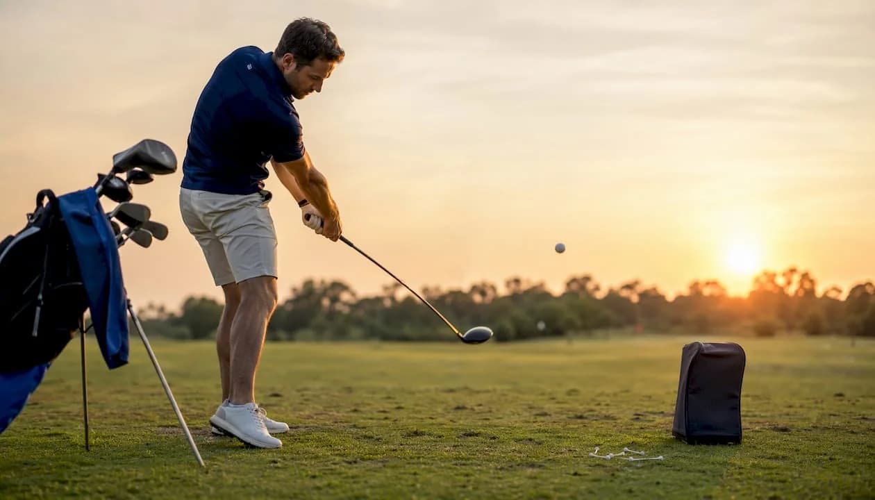 Golfer hitting a driver on an outdoor range at sunset, ball just leaving the clubface