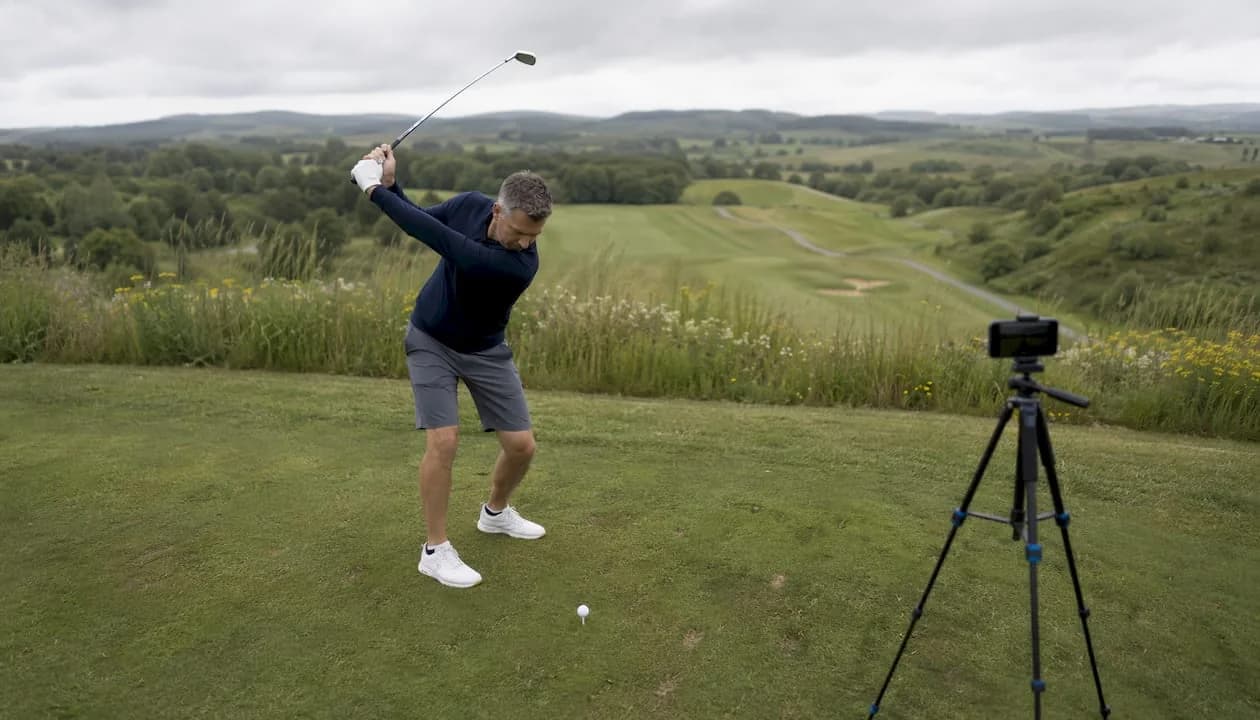 Golfer mid-swing on a course with a smartphone on a tripod recording from the side, framing the full swing arc