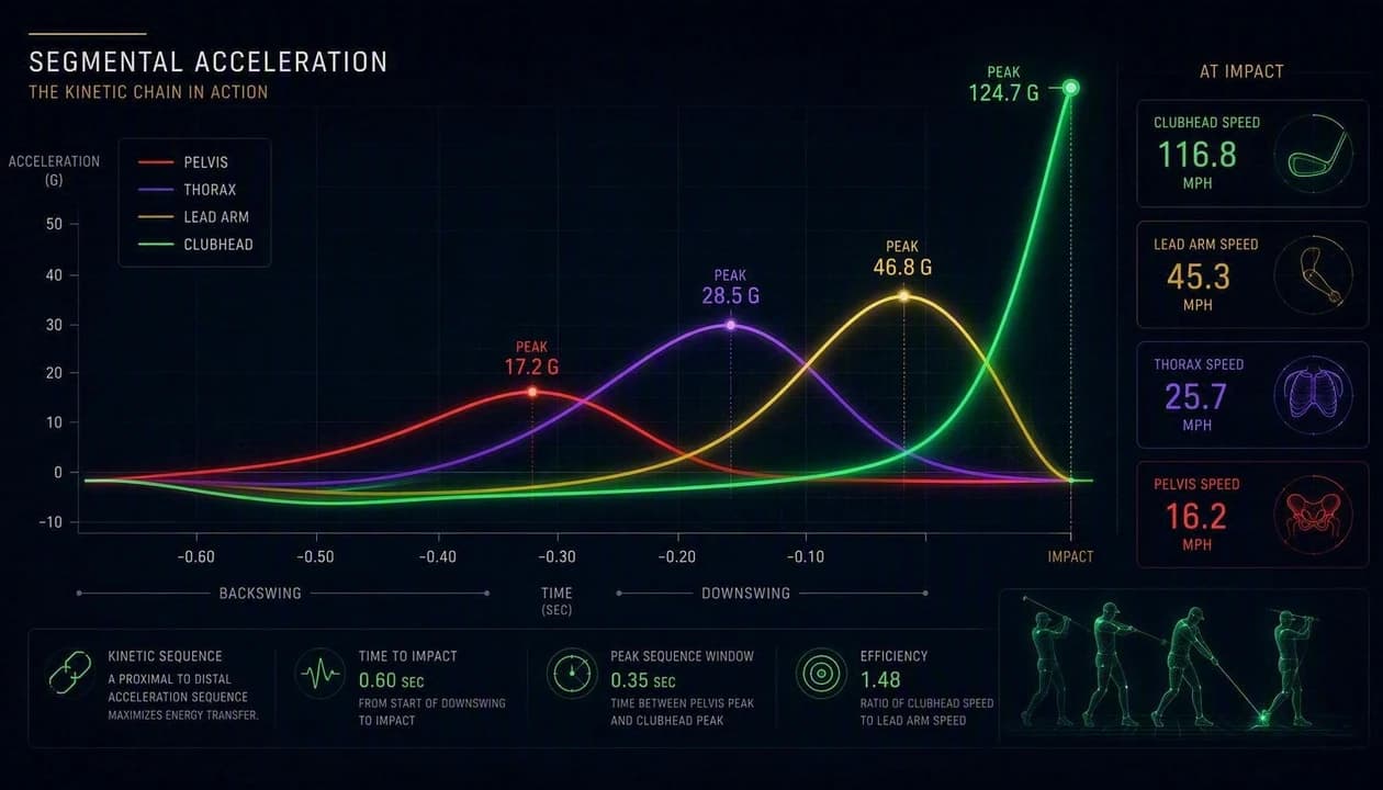 Kinetic sequence diagram showing segmental acceleration peaks for pelvis, thorax, lead arm, and clubhead