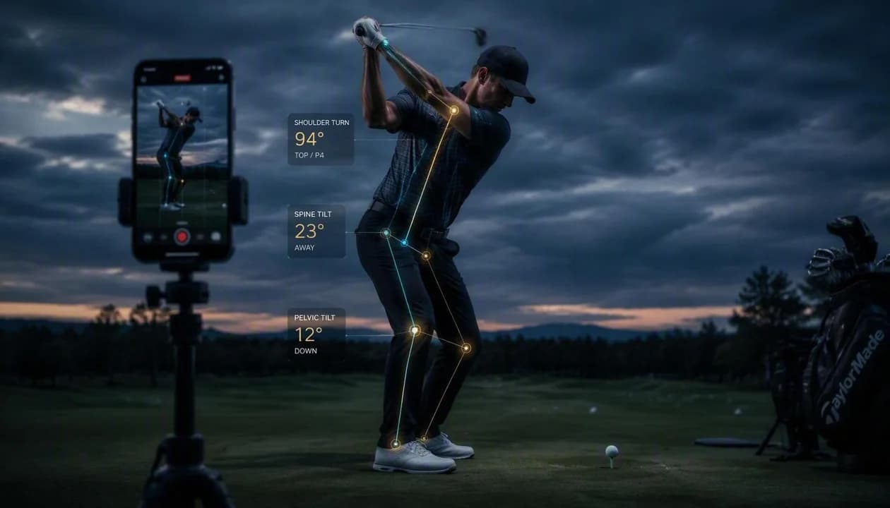 Golfer on the driving range comparing radar launch monitor data with smartphone video analysis