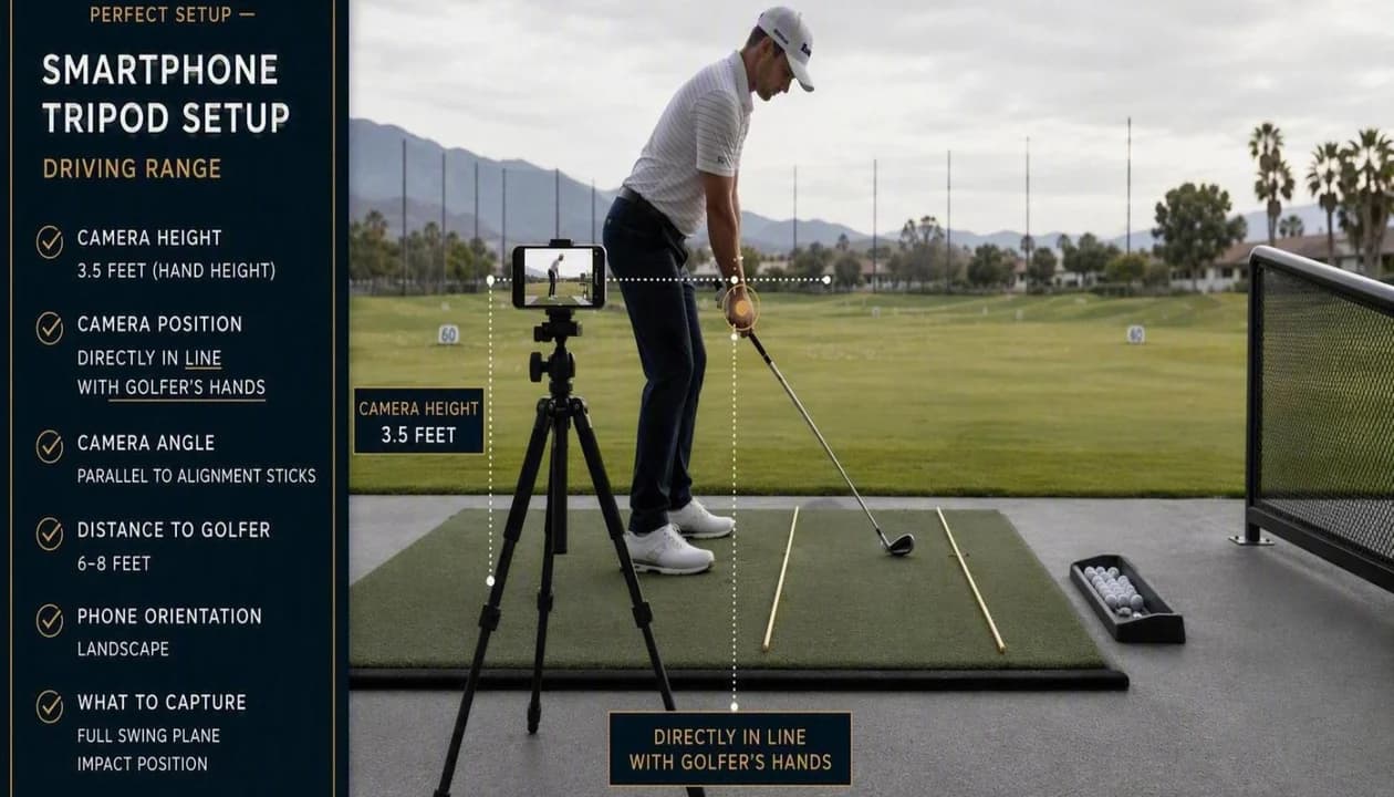 Phone on a tripod lined up along hand line at hand height for down-the-line golf swing capture