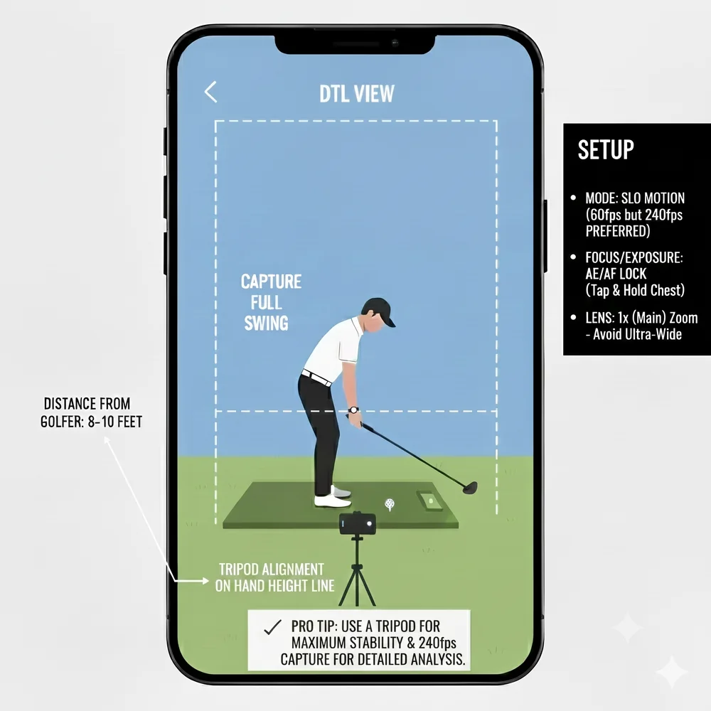 Down-the-line setup angle showing camera positioned at hand height aligned with target line