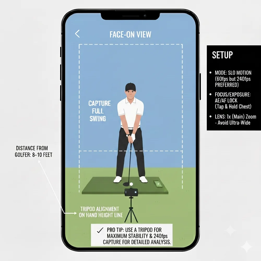Face-on setup card: phone in portrait 8 to 10 feet from the golfer, square to the chest, tripod on the hand height line, same slo motion and focus lock settings