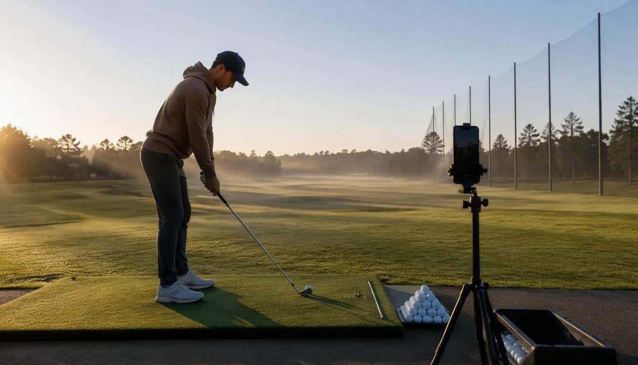 Smartphone recording a down-the-line golf swing on practice tee for single-camera 3D motion analysis