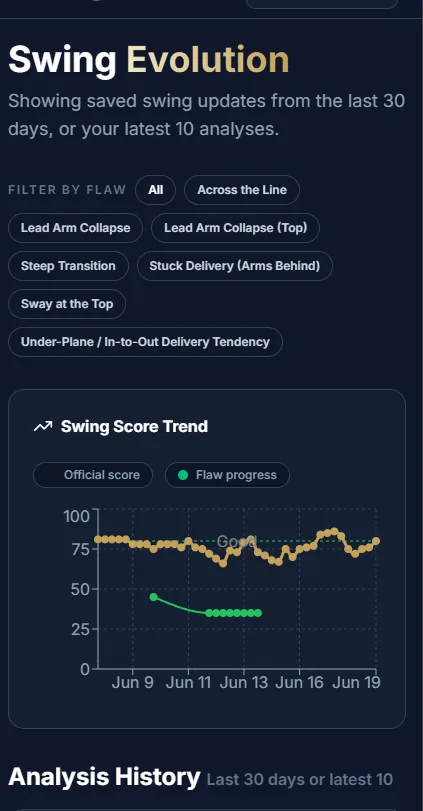 Swing Evolution screen with filter chips for individual flaws and a swing score trend chart plotting official score against flaw progress across June dates