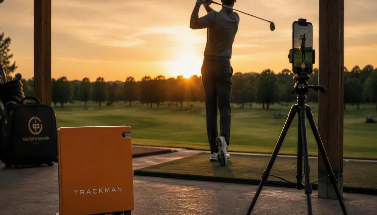 Golfer setting up a smartphone on a tripod at the driving range with radar launch monitor equipment nearby