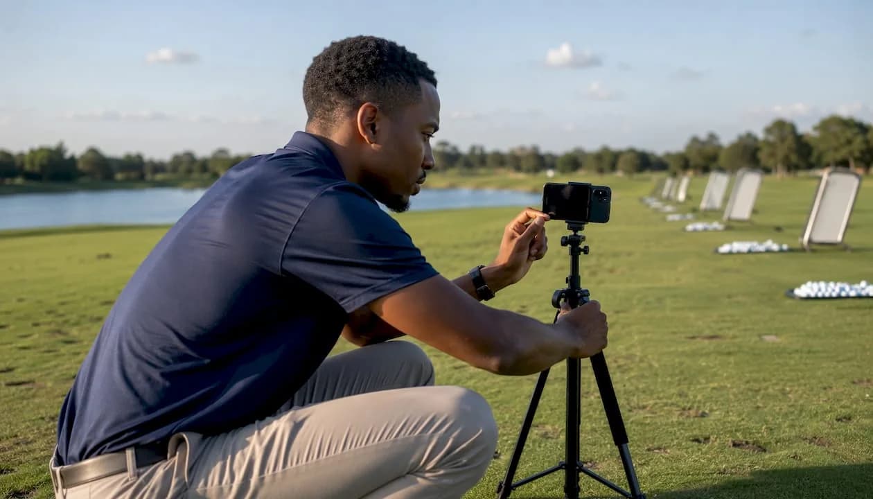 Golfer crouching on a practice range to set a smartphone on a tripod before recording a swing