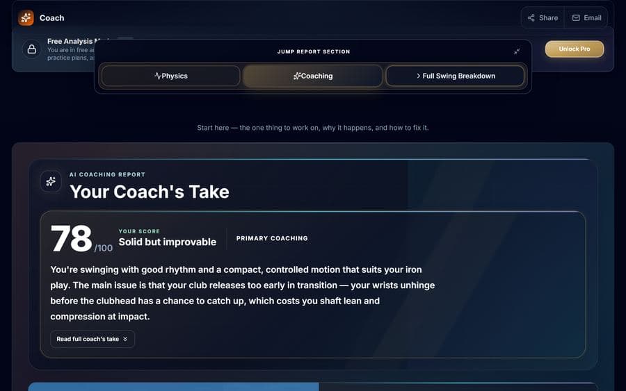 Real swing score report showing 78/100 score and coach diagnosis